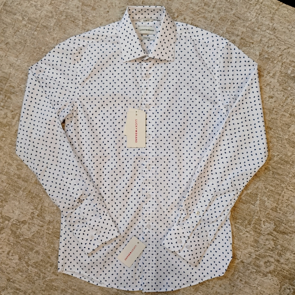NWT S 14 / 14.5 32/33 Lucky Brand White Ground Blue Flipper Print Dress Shirt